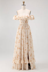 Champagner Blumen Schulterfreies Korsett A-Linie Brautjungfernkleid mit Schlitz